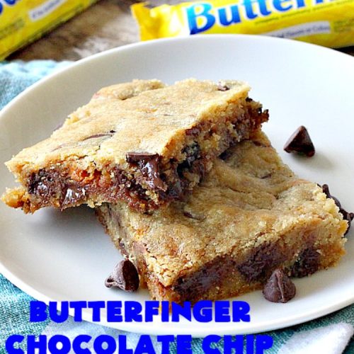 Butterfinger Chocolate Chip Blondies | Can't Stay Out of the Kitchen | these amazing #brownies contain #Butterfinger baking bits & #chocolate chips. They are so decadent and delightful! #peanutbutter #dessert #cookie #ButterfingerDessert