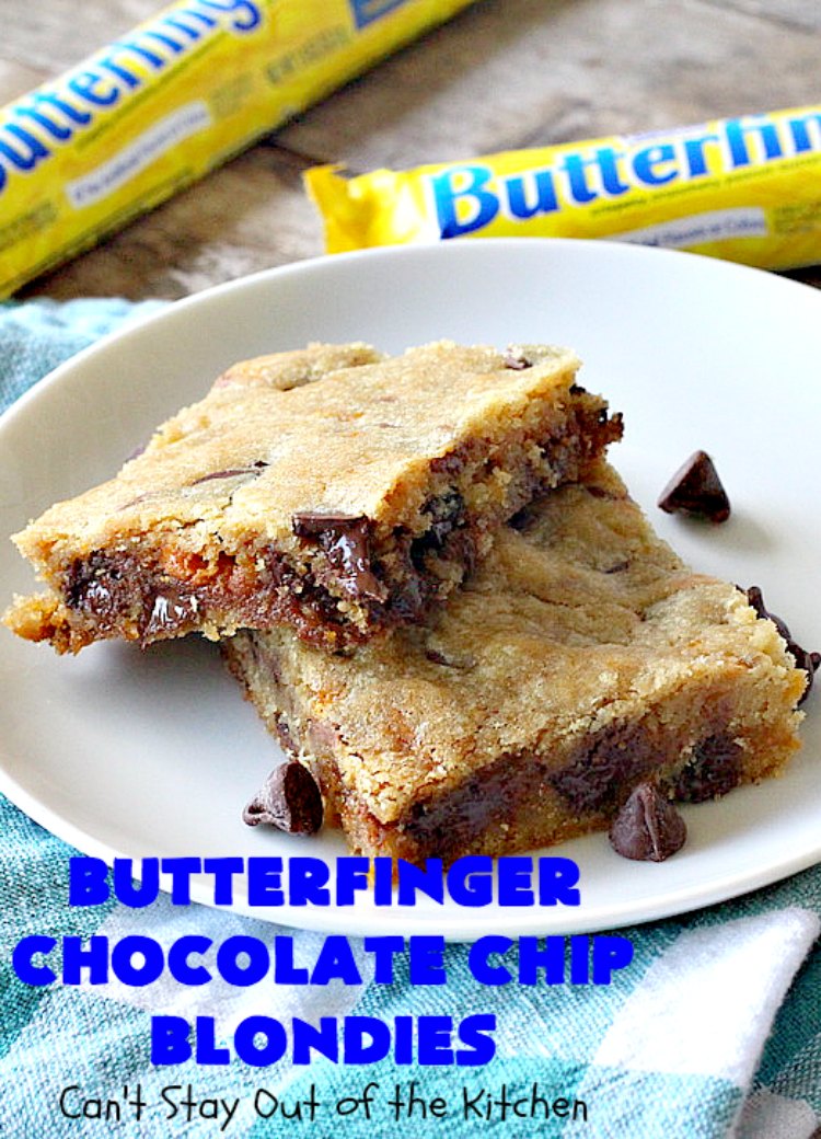 Butterfinger Chocolate Chip Blondies | Can't Stay Out of the Kitchen | these amazing #brownies contain #Butterfinger baking bits & #chocolate chips. They are so decadent and delightful! #peanutbutter #dessert #cookie #ButterfingerDessert