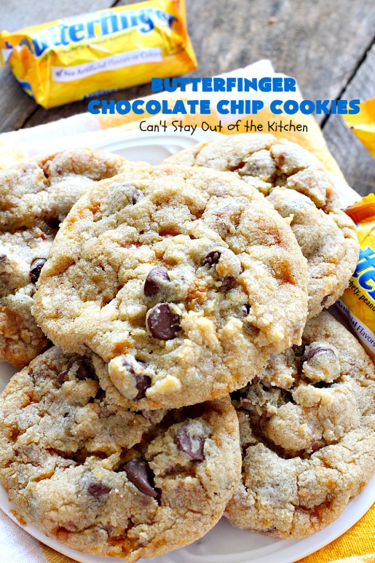 Butterfinger Chocolate Chip Cookies | Can't Stay Out of the Kitchen | these outrageous #cookies are terrific for #Christmas cookie exchanges & #holiday parties. Everyone will be drooling! #dessert #butterfingers #chocolate