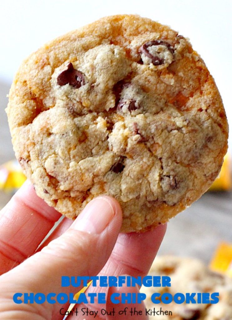 Butterfinger Chocolate Chip Cookies | Can't Stay Out of the Kitchen | these outrageous #cookies are terrific for #Christmas cookie exchanges & #holiday parties. Everyone will be drooling! #dessert #butterfingers #chocolate