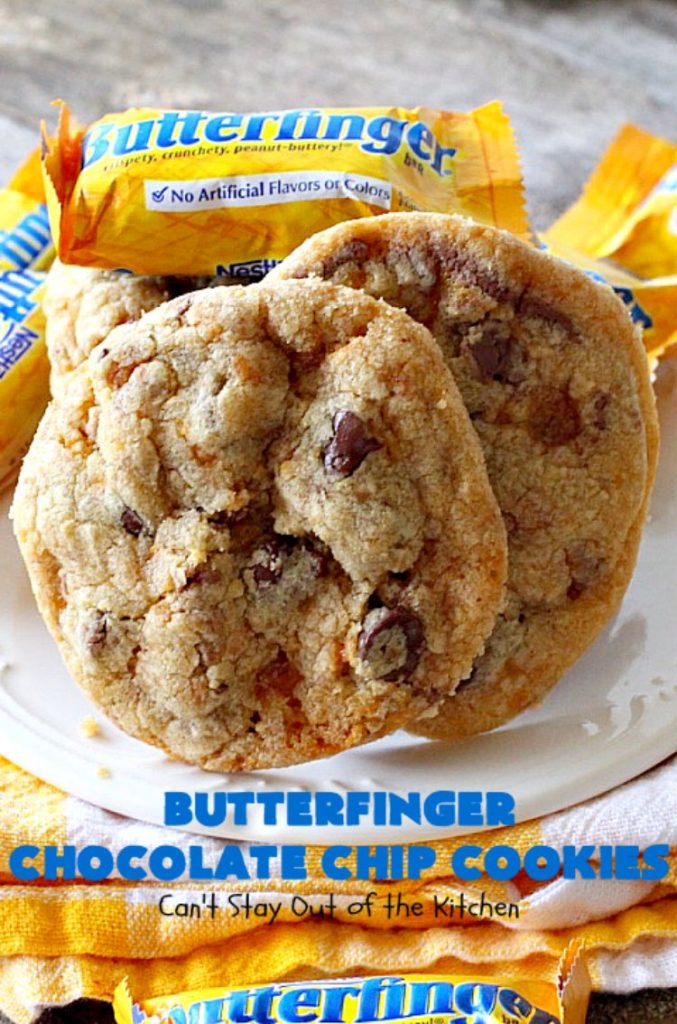 Butterfinger Chocolate Chip Cookies | Can't Stay Out of the Kitchen | these outrageous #cookies are terrific for #Christmas cookie exchanges & #holiday parties. Everyone will be drooling! #dessert #butterfingers #chocolate