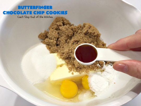 Butterfinger Chocolate Chip Cookies | Can't Stay Out of the Kitchen | these outrageous #cookies are terrific for #Christmas cookie exchanges & #holiday parties. Everyone will be drooling! #dessert #butterfingers #chocolate