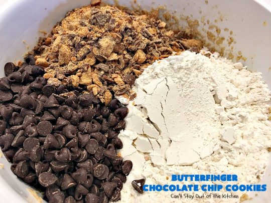Butterfinger Chocolate Chip Cookies | Can't Stay Out of the Kitchen | these outrageous #cookies are terrific for #Christmas cookie exchanges & #holiday parties. Everyone will be drooling! #dessert #butterfingers #chocolate