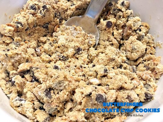 Butterfinger Chocolate Chip Cookies | Can't Stay Out of the Kitchen | these outrageous #cookies are terrific for #Christmas cookie exchanges & #holiday parties. Everyone will be drooling! #dessert #butterfingers #chocolate