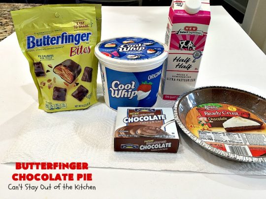 Butterfinger Chocolate Pie | Can't Stay Out of the Kitchen | This luscious #chocolate #pie will rock your world! It's so easy to whip up & uses only 5 ingredients. It's perfect for family, company or #holiday dinners. #Butterfingers #ChocolateDessert #ButterfingerDessert #HolidayDessert #ButterfingerPie #ButterfingerChocolatePie