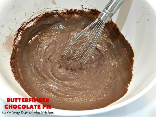 Butterfinger Chocolate Pie | Can't Stay Out of the Kitchen | This luscious #chocolate #pie will rock your world! It's so easy to whip up & uses only 5 ingredients. It's perfect for family, company or #holiday dinners. #Butterfingers #ChocolateDessert #ButterfingerDessert #HolidayDessert #ButterfingerPie #ButterfingerChocolatePie