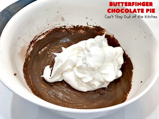 Butterfinger Chocolate Pie | Can't Stay Out of the Kitchen | This luscious #chocolate #pie will rock your world! It's so easy to whip up & uses only 5 ingredients. It's perfect for family, company or #holiday dinners. #Butterfingers #ChocolateDessert #ButterfingerDessert #HolidayDessert #ButterfingerPie #ButterfingerChocolatePie