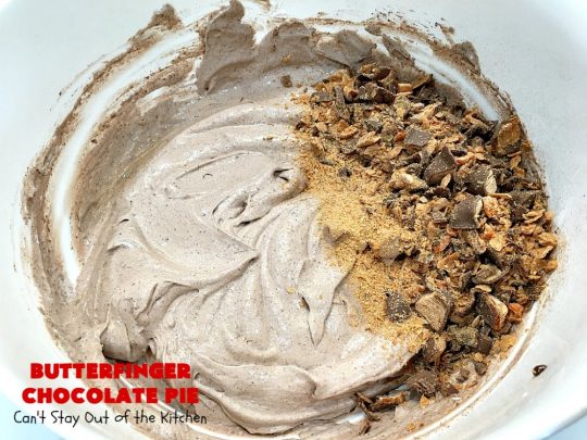 Butterfinger Chocolate Pie | Can't Stay Out of the Kitchen | This luscious #chocolate #pie will rock your world! It's so easy to whip up & uses only 5 ingredients. It's perfect for family, company or #holiday dinners. #Butterfingers #ChocolateDessert #ButterfingerDessert #HolidayDessert #ButterfingerPie #ButterfingerChocolatePie
