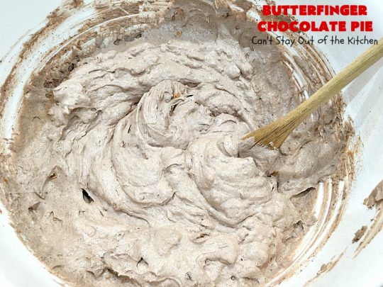 Butterfinger Chocolate Pie | Can't Stay Out of the Kitchen | This luscious #chocolate #pie will rock your world! It's so easy to whip up & uses only 5 ingredients. It's perfect for family, company or #holiday dinners. #Butterfingers #ChocolateDessert #ButterfingerDessert #HolidayDessert #ButterfingerPie #ButterfingerChocolatePie