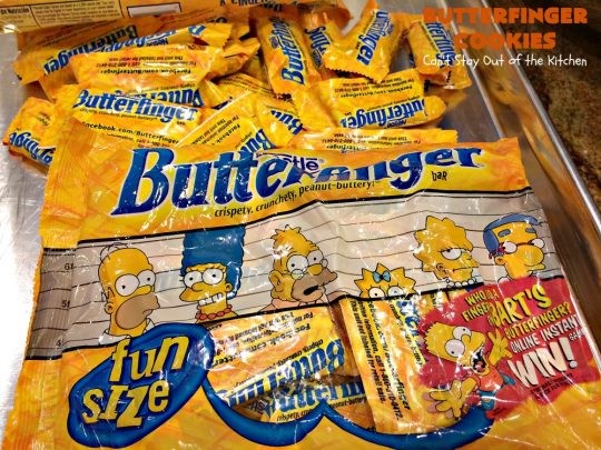 Butterfinger Cookies | Can't Stay Out of the Kitchen | these fabulous #PeanutButter #cookies include loads of chopped up #Butterfingers.  Absolutely heavenly & terrific for #Tailgating parties, potlucks, #SuperBowl or #ValentinesDay! #holiday #Dessert #HolidayDessert #ButterfingerDessert #PeanutButterDessert #ChocolateDessert #ChristmasCookieExchange #SuperBowlDessert #ValentinesDayDessert