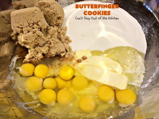 Butterfinger Cookies | Can't Stay Out of the Kitchen | these fabulous #PeanutButter #cookies include loads of chopped up #Butterfingers.  Absolutely heavenly & terrific for #Tailgating parties, potlucks, #SuperBowl or #ValentinesDay! #holiday #Dessert #HolidayDessert #ButterfingerDessert #PeanutButterDessert #ChocolateDessert #ChristmasCookieExchange #SuperBowlDessert #ValentinesDayDessert