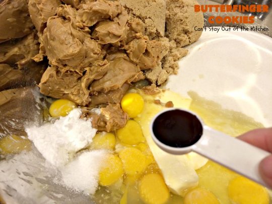Butterfinger Cookies | Can't Stay Out of the Kitchen | these fabulous #PeanutButter #cookies include loads of chopped up #Butterfingers.  Absolutely heavenly & terrific for #Tailgating parties, potlucks, #SuperBowl or #ValentinesDay! #holiday #Dessert #HolidayDessert #ButterfingerDessert #PeanutButterDessert #ChocolateDessert #ChristmasCookieExchange #SuperBowlDessert #ValentinesDayDessert