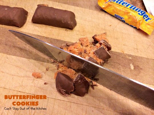 Butterfinger Cookies | Can't Stay Out of the Kitchen | these fabulous #PeanutButter #cookies include loads of chopped up #Butterfingers.  Absolutely heavenly & terrific for #Tailgating parties, potlucks, #SuperBowl or #ValentinesDay! #holiday #Dessert #HolidayDessert #ButterfingerDessert #PeanutButterDessert #ChocolateDessert #ChristmasCookieExchange #SuperBowlDessert #ValentinesDayDessert
