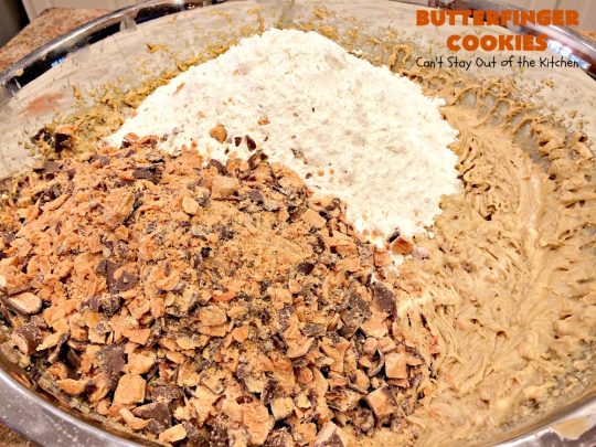 Butterfinger Cookies | Can't Stay Out of the Kitchen | these fabulous #PeanutButter #cookies include loads of chopped up #Butterfingers.  Absolutely heavenly & terrific for #Tailgating parties, potlucks, #SuperBowl or #ValentinesDay! #holiday #Dessert #HolidayDessert #ButterfingerDessert #PeanutButterDessert #ChocolateDessert #ChristmasCookieExchange #SuperBowlDessert #ValentinesDayDessert