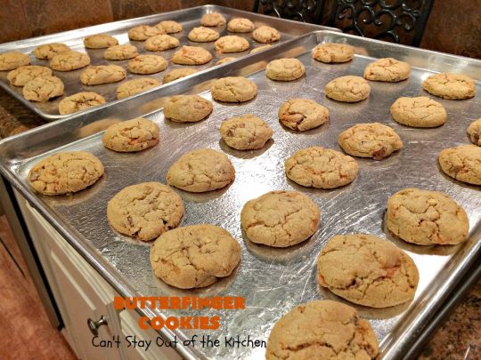 Butterfinger Cookies | Can't Stay Out of the Kitchen | these fabulous #PeanutButter #cookies include loads of chopped up #Butterfingers.  Absolutely heavenly & terrific for #Tailgating parties, potlucks, #SuperBowl or #ValentinesDay! #holiday #Dessert #HolidayDessert #ButterfingerDessert #PeanutButterDessert #ChocolateDessert #ChristmasCookieExchange #SuperBowlDessert #ValentinesDayDessert