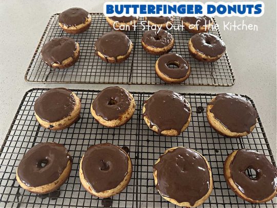Butterfinger Donuts | Can't Stay Out of the Kitchen | Prepare to swoon over every delicious bite of #ButterfingerDonuts! These luscious #donuts include #Butterfingers in the donut as well as on top of the #ChocolateFrosting. Every bite will rock your world! Terrific for a weekend, company or #holiday breakfast or #brunch. #HolidayBreakfast #BakedDonuts #ButterfingerCandyBars