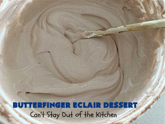 Butterfinger Éclair Dessert | Can't Stay Out of the Kitchen | this spectacular #ButterfingerÉclairDessert uses only 6 ingredients & is the perfect #dessert for company or #holidays. It serves a crowd & everyone enjoys the #GrahamCracker, #ChocolatePudding & #ChocolateFrosting layers that mimic Éclairs. You & your friends will swoon over this delicious #ButterfingerDessert. #Chocolate #ChocolateDessert #ButterfingerCandyBars