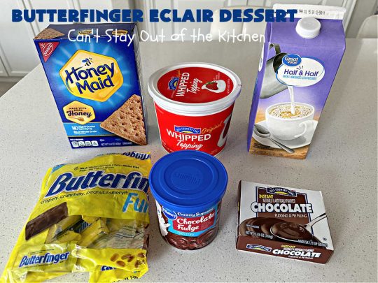 Butterfinger Éclair Dessert | Can't Stay Out of the Kitchen | this spectacular #ButterfingerÉclairDessert uses only 6 ingredients & is the perfect #dessert for company or #holidays. It serves a crowd & everyone enjoys the #GrahamCracker, #ChocolatePudding & #ChocolateFrosting layers that mimic Éclairs. You & your friends will swoon over this delicious #ButterfingerDessert. #Chocolate #ChocolateDessert #ButterfingerCandyBars