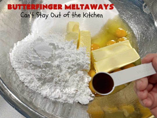 Butterfinger Meltaways | Can't Stay Out of the Kitchen | these melt-in-your-mouth #cookies are outrageously good! They are filled with #ButterfingerCandyBars & dissolve in your mouth upon contact! Prepare to swoon over every delicious bite. #Butterfingers #ButterfingerDessert #chocolate #holiday #ChristmasCookieExchange #PeanutButter #ButterfingerMeltaways