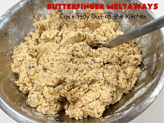 Butterfinger Meltaways | Can't Stay Out of the Kitchen | these melt-in-your-mouth #cookies are outrageously good! They are filled with #ButterfingerCandyBars & dissolve in your mouth upon contact! Prepare to swoon over every delicious bite. #Butterfingers #ButterfingerDessert #chocolate #holiday #ChristmasCookieExchange #PeanutButter #ButterfingerMeltaways