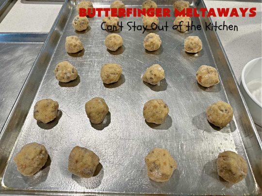 Butterfinger Meltaways | Can't Stay Out of the Kitchen | these melt-in-your-mouth #cookies are outrageously good! They are filled with #ButterfingerCandyBars & dissolve in your mouth upon contact! Prepare to swoon over every delicious bite. #Butterfingers #ButterfingerDessert #chocolate #holiday #ChristmasCookieExchange #PeanutButter #ButterfingerMeltaways