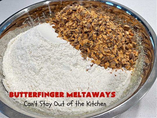 Butterfinger Meltaways | Can't Stay Out of the Kitchen | these melt-in-your-mouth #cookies are outrageously good! They are filled with #ButterfingerCandyBars & dissolve in your mouth upon contact! Prepare to swoon over every delicious bite. #Butterfingers #ButterfingerDessert #chocolate #holiday #ChristmasCookieExchange #PeanutButter #ButterfingerMeltaways