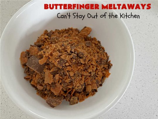 Butterfinger Meltaways | Can't Stay Out of the Kitchen | these melt-in-your-mouth #cookies are outrageously good! They are filled with #ButterfingerCandyBars & dissolve in your mouth upon contact! Prepare to swoon over every delicious bite. #Butterfingers #ButterfingerDessert #chocolate #holiday  #ChristmasCookieExchange #PeanutButter #ButterfingerMeltaways