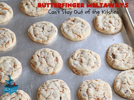 Butterfinger Meltaways | Can't Stay Out of the Kitchen | these melt-in-your-mouth #cookies are outrageously good! They are filled with #ButterfingerCandyBars & dissolve in your mouth upon contact! Prepare to swoon over every delicious bite. #Butterfingers #ButterfingerDessert #chocolate #holiday #ChristmasCookieExchange #PeanutButter #ButterfingerMeltaways