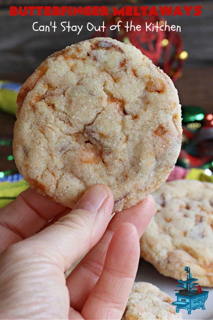 Butterfinger Meltaways | Can't Stay Out of the Kitchen | these melt-in-your-mouth #cookies are outrageously good! They are filled with #ButterfingerCandyBars & dissolve in your mouth upon contact! Prepare to swoon over every delicious bite. #Butterfingers #ButterfingerDessert #chocolate #holiday #ChristmasCookieExchange #PeanutButter #ButterfingerMeltaways