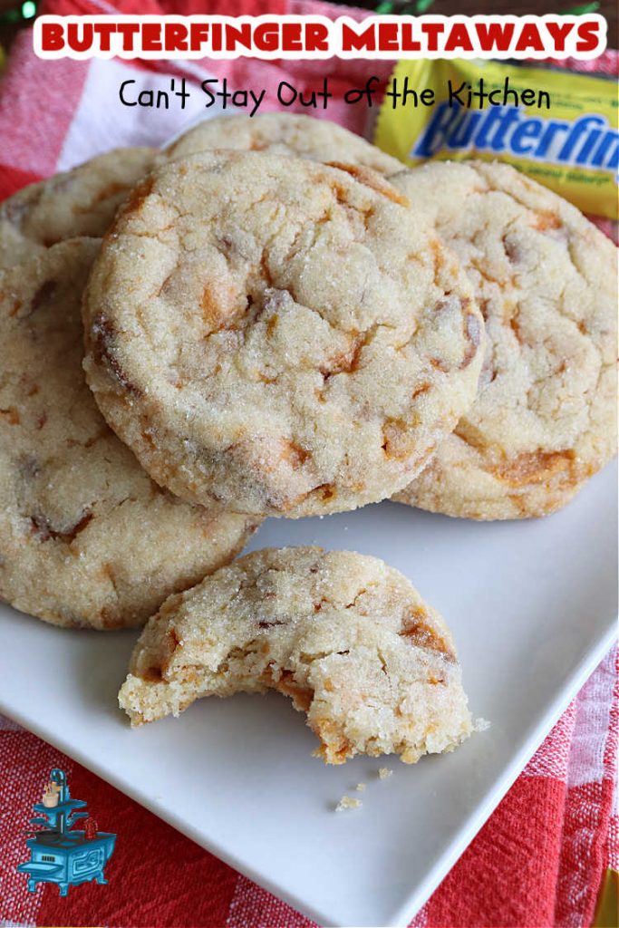 Butterfinger Meltaways | Can't Stay Out of the Kitchen | these melt-in-your-mouth #cookies are outrageously good! They are filled with #ButterfingerCandyBars & dissolve in your mouth upon contact! Prepare to swoon over every delicious bite. #Butterfingers #ButterfingerDessert #chocolate #holiday #ChristmasCookieExchange #PeanutButter #ButterfingerMeltaways