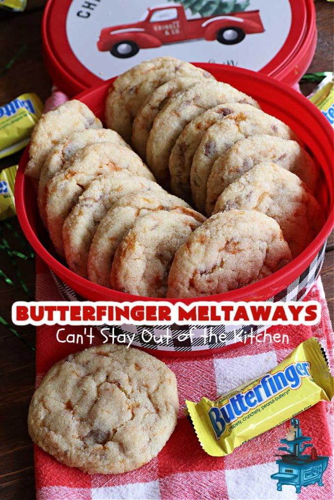 Butterfinger Meltaways | Can't Stay Out of the Kitchen | these melt-in-your-mouth #cookies are outrageously good! They are filled with #ButterfingerCandyBars & dissolve in your mouth upon contact! Prepare to swoon over every delicious bite. #Butterfingers #ButterfingerDessert #chocolate #holiday #ChristmasCookieExchange #PeanutButter #ButterfingerMeltaways