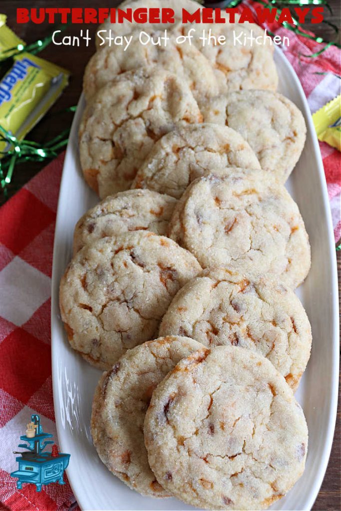 Butterfinger Meltaways | Can't Stay Out of the Kitchen | these melt-in-your-mouth #cookies are outrageously good! They are filled with #ButterfingerCandyBars & dissolve in your mouth upon contact! Prepare to swoon over every delicious bite. #Butterfingers #ButterfingerDessert #chocolate #holiday #ChristmasCookieExchange #PeanutButter #ButterfingerMeltawaysButterfinger Meltaways | Can't Stay Out of the Kitchen | these melt-in-your-mouth #cookies are outrageously good! They are filled with #ButterfingerCandyBars & dissolve in your mouth upon contact! Prepare to swoon over every delicious bite. #Butterfingers #ButterfingerDessert #chocolate #holiday #ChristmasCookieExchange #PeanutButter #ButterfingerMeltaways