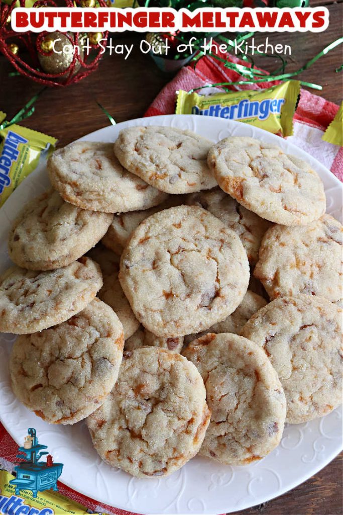 Butterfinger Meltaways | Can't Stay Out of the Kitchen | these melt-in-your-mouth #cookies are outrageously good! They are filled with #ButterfingerCandyBars & dissolve in your mouth upon contact! Prepare to swoon over every delicious bite. #Butterfingers #ButterfingerDessert #chocolate #holiday #ChristmasCookieExchange #PeanutButter #ButterfingerMeltaways