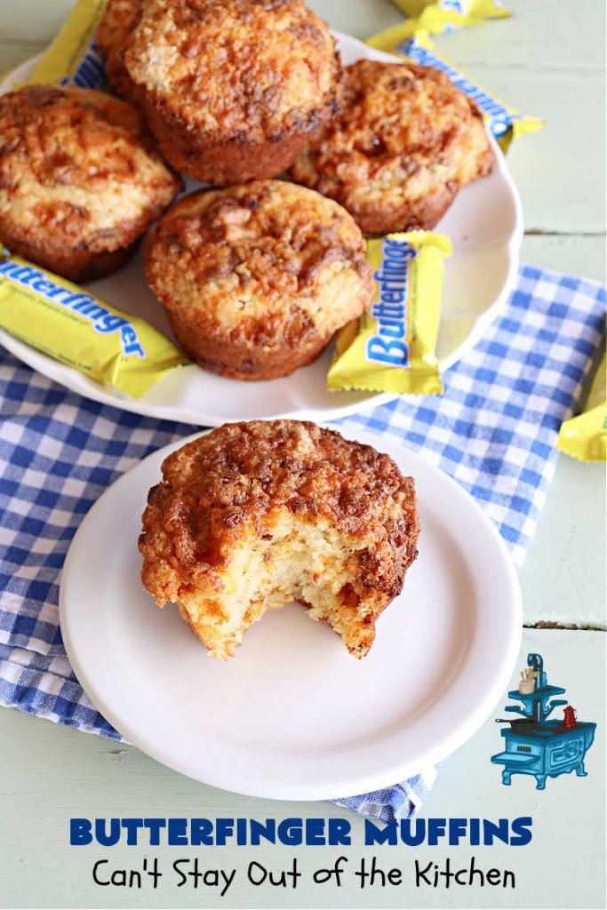 Butterfinger Muffins | Can't Stay Out of the Kitchen | these sensational #muffins will knock your socks off! Every bite is filled with #Butterfingers so you'll taste plenty of #chocolate & #PeanutButter. Your family & friends will swoon over this fantastic #breakfast treat. #holiday #HolidayBreakfast #ButterfingerCandyBars #brunch #ButterfingerMuffins