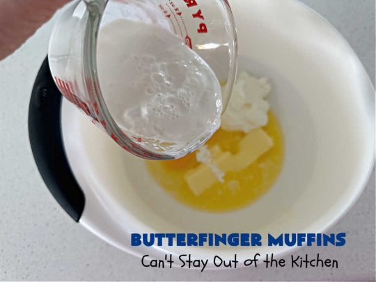Butterfinger Muffins | Can't Stay Out of the Kitchen | these sensational #muffins will knock your socks off! Every bite is filled with #Butterfingers so you'll taste plenty of #chocolate & #PeanutButter. Your family & friends will swoon over this fantastic #breakfast treat. #holiday #HolidayBreakfast #ButterfingerCandyBars #brunch #ButterfingerMuffins