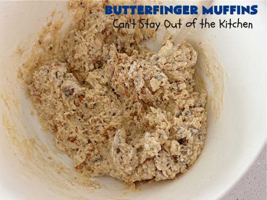 Butterfinger Muffins | Can't Stay Out of the Kitchen | these sensational #muffins will knock your socks off! Every bite is filled with #Butterfingers so you'll taste plenty of #chocolate & #PeanutButter. Your family & friends will swoon over this fantastic #breakfast treat. #holiday #HolidayBreakfast #ButterfingerCandyBars #brunch #ButterfingerMuffins