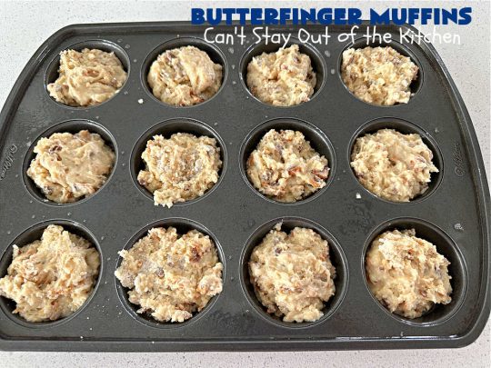 Butterfinger Muffins | Can't Stay Out of the Kitchen | these sensational #muffins will knock your socks off! Every bite is filled with #Butterfingers so you'll taste plenty of #chocolate & #PeanutButter. Your family & friends will swoon over this fantastic #breakfast treat. #holiday #HolidayBreakfast #ButterfingerCandyBars #brunch #ButterfingerMuffins
