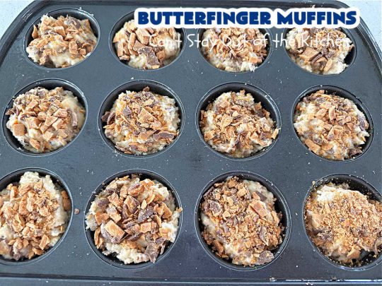 Butterfinger Muffins | Can't Stay Out of the Kitchen | these sensational #muffins will knock your socks off! Every bite is filled with #Butterfingers so you'll taste plenty of #chocolate & #PeanutButter. Your family & friends will swoon over this fantastic #breakfast treat. #holiday #HolidayBreakfast #ButterfingerCandyBars #brunch #ButterfingerMuffins