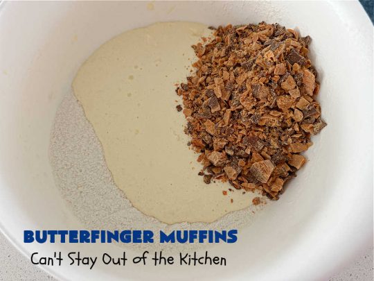 Butterfinger Muffins | Can't Stay Out of the Kitchen | these sensational #muffins will knock your socks off! Every bite is filled with #Butterfingers so you'll taste plenty of #chocolate & #PeanutButter. Your family & friends will swoon over this fantastic #breakfast treat. #holiday #HolidayBreakfast #ButterfingerCandyBars #brunch #ButterfingerMuffins