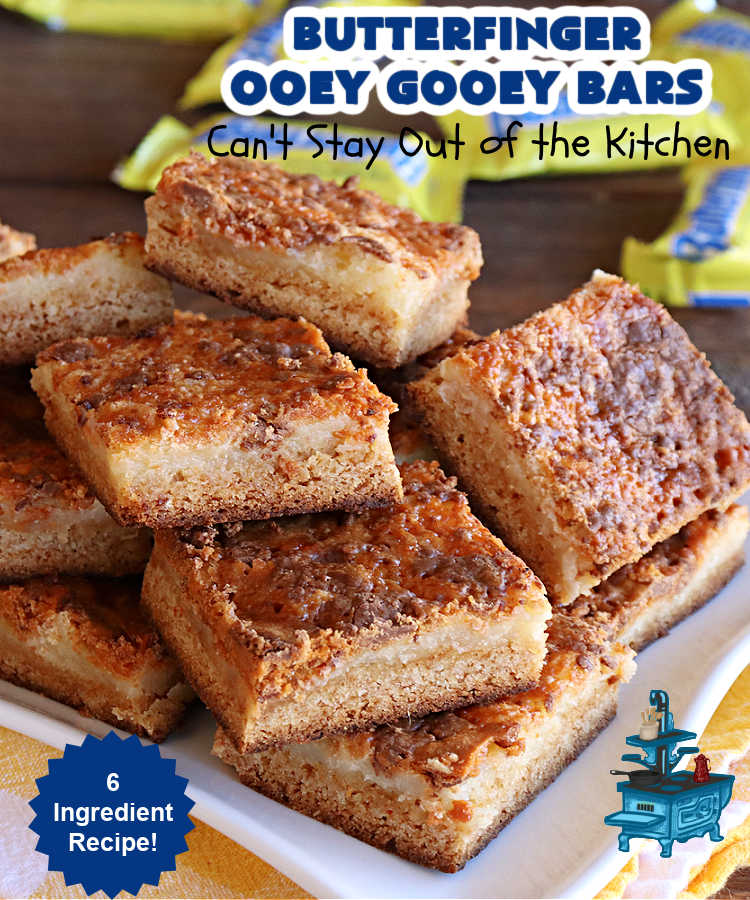 Butterfinger Ooey Gooey Bars | Can't Stay Out of the Kitchen | these lovely #OoeyGooeyBars include a #Cheesecake filling with chopped #Butterfingers on top! This easy 6-ingredient #recipe is so irresistible everyone will want seconds. They are out of this world good & will have you swooning from the first bite. Excellent for #tailgating, potlucks & a #ChristmasCookieExchange. #cookie #brownie #dessert #ButterfingerDessert #ButterfingerOoeyGooeyBars