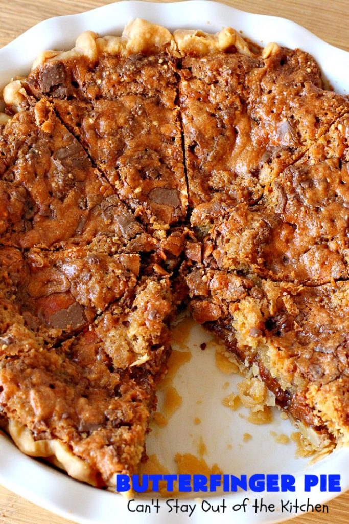 Butterfinger Pie | Can't Stay Out of the Kitchen | This is one of the best #desserts you'll ever eat. It's rich, decadent & outrageously irresistible. It's filled with #Butterfingers so it's got a delightful #PeanutButter & #chocolate taste. Wow your family & friends with this amazing #pie for #ValentinesDay, other #holidays or special occasions. #ButterfingerCandy #ButterfingerPie #ChocolateDessert #PeanutButterDessert