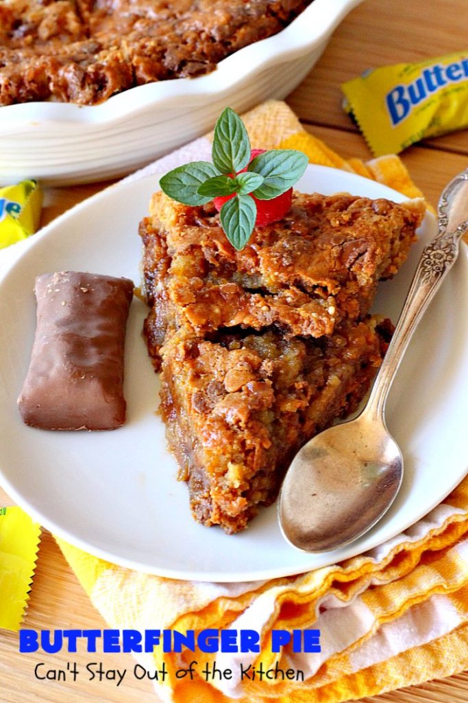 Butterfinger Pie | Can't Stay Out of the Kitchen | This is one of the best #desserts you'll ever eat. It's rich, decadent & outrageously irresistible. It's filled with #Butterfingers so it's got a delightful #PeanutButter & #chocolate taste. Wow your family & friends with this amazing #pie for #ValentinesDay, other #holidays or special occasions. #ButterfingerCandy #ButterfingerPie #ChocolateDessert #PeanutButterDessert