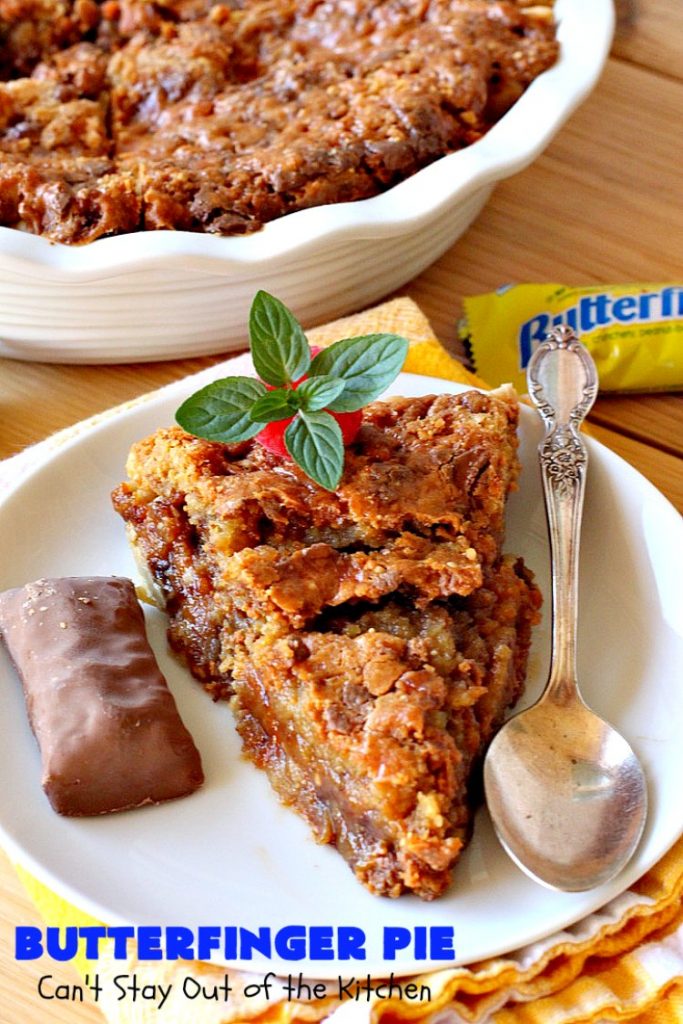 Butterfinger Pie | Can't Stay Out of the Kitchen | This is one of the best #desserts you'll ever eat. It's rich, decadent & outrageously irresistible. It's filled with #Butterfingers so it's got a delightful #PeanutButter & #chocolate taste. Wow your family & friends with this amazing #pie for #ValentinesDay, other #holidays or special occasions. #ButterfingerCandy #ButterfingerPie #ChocolateDessert #PeanutButterDessert