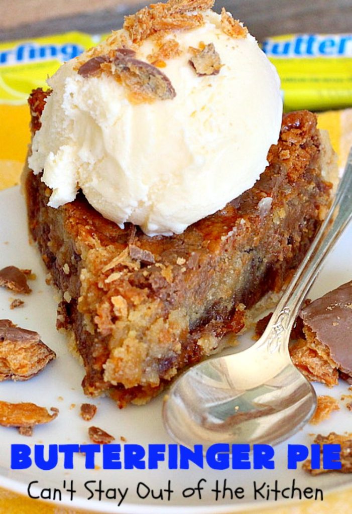Butterfinger Pie | Can't Stay Out of the Kitchen | This is one of the best #desserts you'll ever eat. It's rich, decadent & outrageously irresistible. It's filled with #Butterfingers so it's got a delightful #PeanutButter & #chocolate taste. Wow your family & friends with this amazing #pie for #ValentinesDay, other #holidays or special occasions. #ButterfingerCandy #ButterfingerPie #ChocolateDessert #PeanutButterDessert