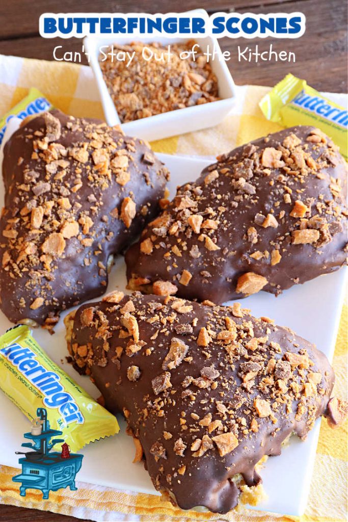 Butterfinger Scones | Can't Stay Out of the Kitchen | Delight your family & friends with these spectacular #ButterfingerScones on your next #breakfast buffet. After just one bite they'll be swooning. These luscious #scones are sweeter than the traditional variety & include #Butterfingers & a luscious #chocolate #icing with more #ButterfingerCandyBars sprinkled over top. Perfect for a weekend, company or #holiday breakfast. Utterly irresistible! #chocolate #PeanutButter #HolidayBreakfast