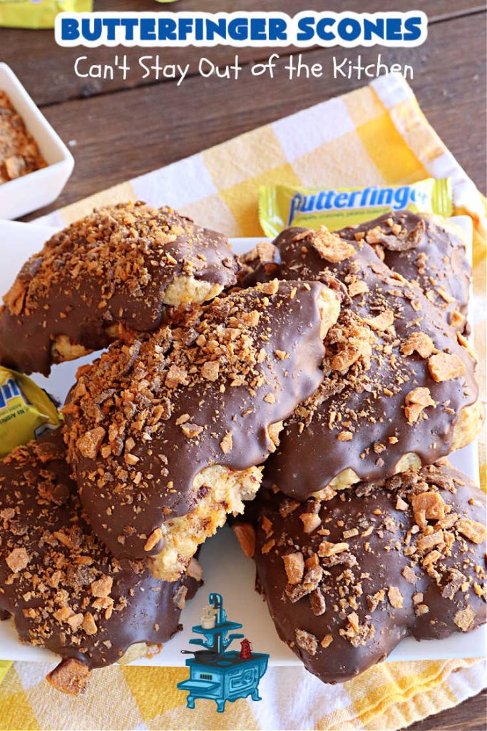 Butterfinger Scones | Can't Stay Out of the Kitchen | Delight your family & friends with these spectacular #ButterfingerScones on your next #breakfast buffet. After just one bite they'll be swooning. These luscious #scones are sweeter than the traditional variety & include #Butterfingers & a luscious #chocolate #icing with more #ButterfingerCandyBars sprinkled over top. Perfect for a weekend, company or #holiday breakfast. Utterly irresistible! #chocolate #PeanutButter #HolidayBreakfast
