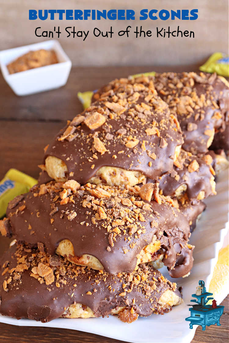 Butterfinger Scones | Can't Stay Out of the Kitchen | Delight your family & friends with these spectacular #ButterfingerScones on your next #breakfast buffet. After just one bite they'll be swooning. These luscious #scones are sweeter than the traditional variety & include #Butterfingers & a luscious #chocolate #icing with more #ButterfingerCandyBars sprinkled over top. Perfect for a weekend, company or #holiday breakfast. Utterly irresistible! #chocolate #PeanutButter #HolidayBreakfast
