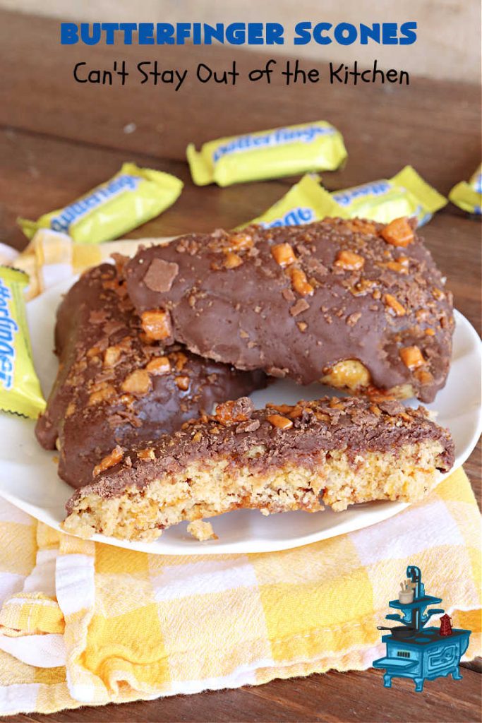 Butterfinger Scones | Can't Stay Out of the Kitchen | Delight your family & friends with these spectacular #ButterfingerScones on your next #breakfast buffet. After just one bite they'll be swooning. These luscious #scones are sweeter than the traditional variety & include #Butterfingers & a luscious #chocolate #icing with more #ButterfingerCandyBars sprinkled over top. Perfect for a weekend, company or #holiday breakfast. Utterly irresistible! #chocolate #PeanutButter #HolidayBreakfast