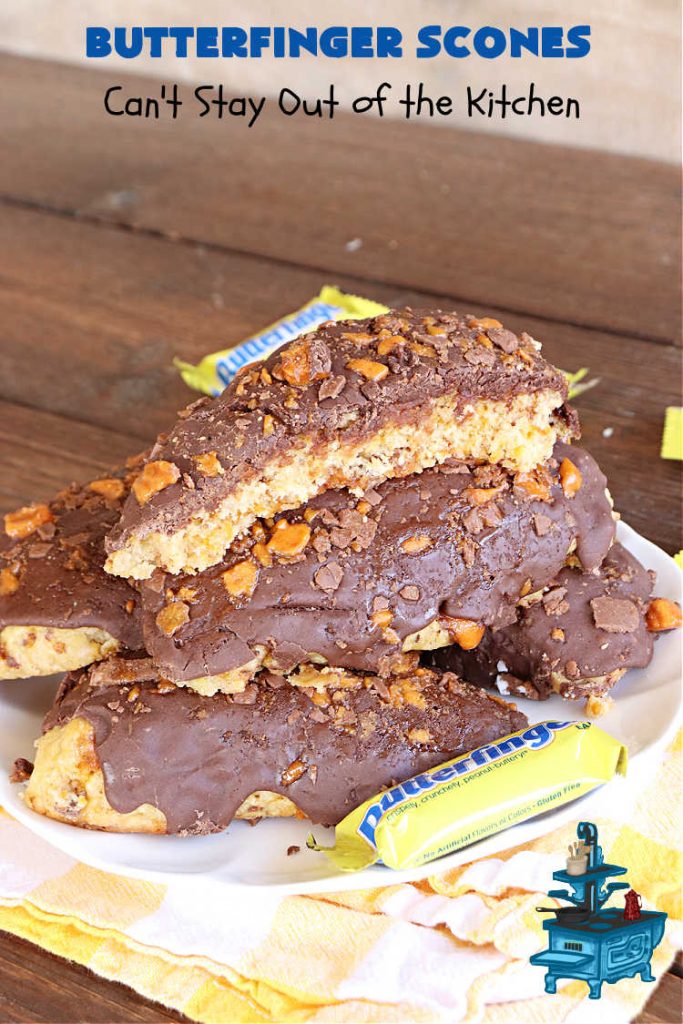 Butterfinger Scones | Can't Stay Out of the Kitchen | Delight your family & friends with these spectacular #ButterfingerScones on your next #breakfast buffet. After just one bite they'll be swooning. These luscious #scones are sweeter than the traditional variety & include #Butterfingers & a luscious #chocolate #icing with more #ButterfingerCandyBars sprinkled over top. Perfect for a weekend, company or #holiday breakfast. Utterly irresistible! #chocolate #PeanutButter #HolidayBreakfast