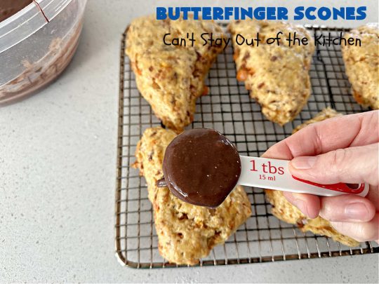 Butterfinger Scones | Can't Stay Out of the Kitchen | Delight your family & friends with these spectacular #ButterfingerScones on your next #breakfast buffet. After just one bite they'll be swooning. These luscious #scones are sweeter than the traditional variety & include #Butterfingers & a luscious #chocolate #icing with more #ButterfingerCandyBars sprinkled over top. Perfect for a weekend, company or #holiday breakfast. Utterly irresistible! #chocolate #PeanutButter #HolidayBreakfast